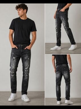 NFINITY Men's Black Slim-Straight Distressed Jeans with Paint Detail